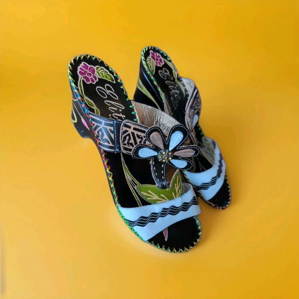 ELITE by Corky's Pacific Multicolor US Sz 9 Tooled Leather Sandals Wedge Heel - Picture 8 of 9